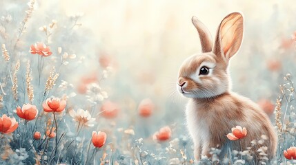 Easter celebration with a cute bunny in a floral field wallpaper design soft lemon chiffon background springtime serenity