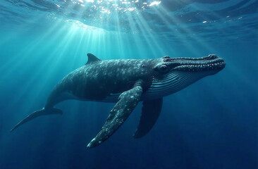 Fototapeta premium Humpback whale swimming in the deep blue ocean. Close up.