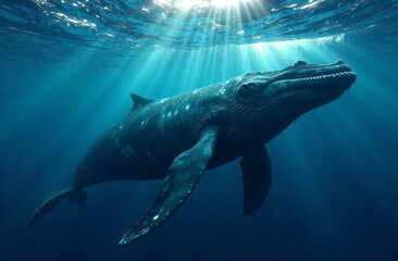 Fototapeta premium Humpback whale in the deep blue ocean with sunbeams