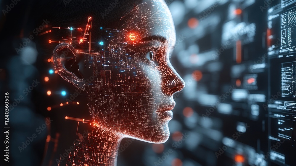 Wall mural digital humanoid profile showing circuitry and data