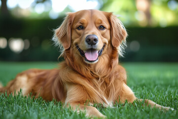 Obraz premium cute dog standing on green grass outdoors in spring