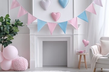 A bright and airy interior with pastel heart and bunting decorations, ideal for a baby shower or romantic event.