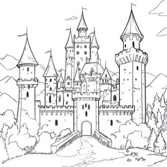 Obraz premium Detailed Castle Illustration Labeled Sections for Historical Coloring Book