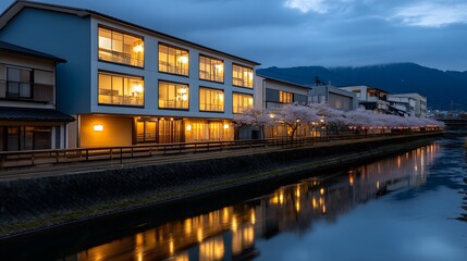 Obraz premium Illuminated Modern Building by Cherry Blossom Canal at Night