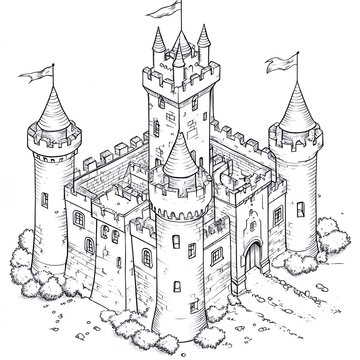 Medieval Castle Illustration Labeled Sections for Historical Coloring Book
