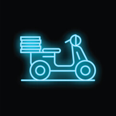Bright blue neon sign depicting a scooter delivering pizza boxes