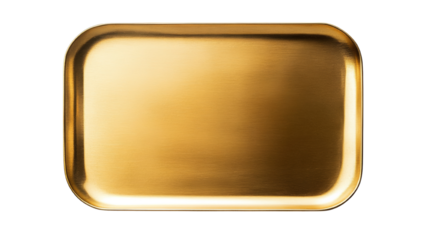 A brushed gold colored metal tray with rounded corners is shown against a black background.
