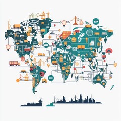 Naklejka premium Colorful World Map Infographic Depicting Global Transportation, Energy, and Connectivity Systems
