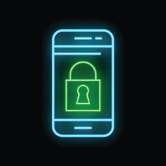 Neon icon representing a smartphone with a padlock on its screen, symbolizing mobile security
