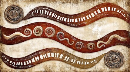 Aboriginal art, wavy design, textured background, wall decor, earthy tones