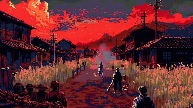 Bring to life a historical event in pixel art style, offering a virtual reality experience with a unique side perspective twist Play with unexpected camera angles to engage viewers in a fresh, captiva