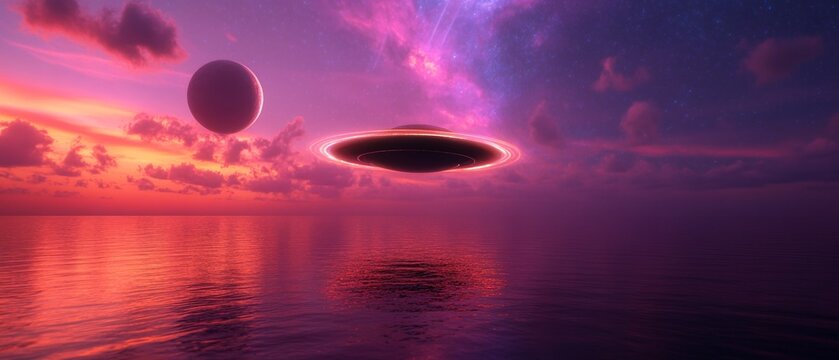 Cosmic Fusion in Contemporary Art Neon-Purple UFO Aesthetics for Alien Abduction Day and Spring Equinox - Digital Decor Innovations for Sci-Fi Enthusiasts