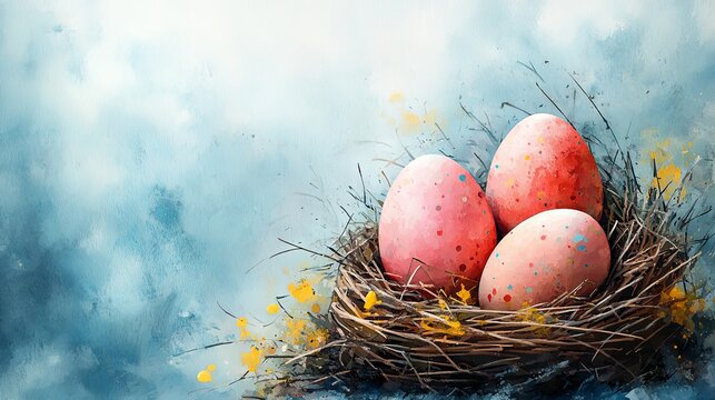 Easter celebration with beautiful pink eggs in nest powder blue wallpaper background artistic style