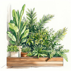 Watercolor illustration with a composition of indoor and garden plants in a wooden flowerpot. 