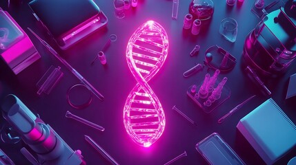 Fototapeta premium Top view of glowing DNA strand with vibrant pink visuals surrounding lab equipment