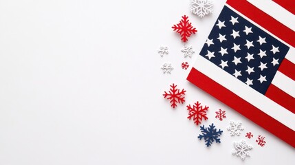 Glittery American Flag with Snowflakes on White Background
