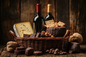 A beautifully arranged wicker basket filled with gourmet chocolates, cheese, crackers, and red wine bottles, set against a rustic wooden background.
