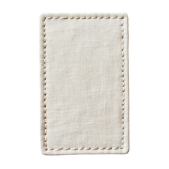 A close-up view of a blank off-white fabric label with a stitched border, isolated on a black background.