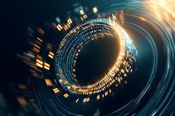 Futuristic Digital Swirl with Binary Code and Glowing Lights