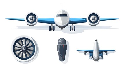 Iconic showcasing the key elements of aviation and aerospace engineering including a propeller an airplane design and a jet engine all set against a clean white background for a modern