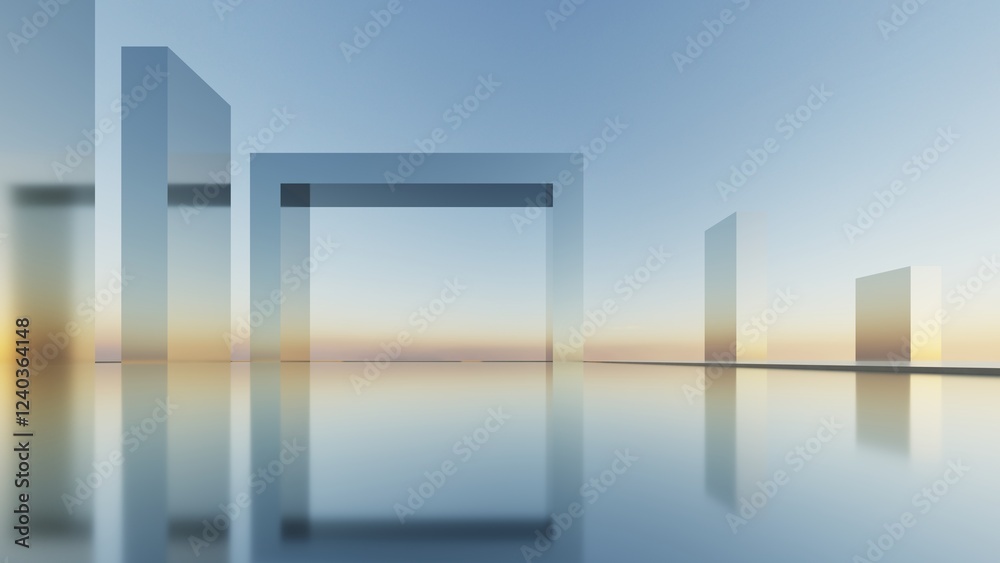 Poster 3d illustration of abstract minimal architecture background, geometric architectural with chrome or metallic arch design
