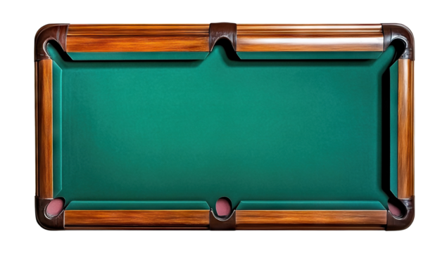 Top view of classic pool table, isolated on transparent cutout background
