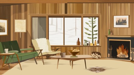 Fototapeta premium A Cozy Winter Cabin Interior with a View of Snowy Forest
