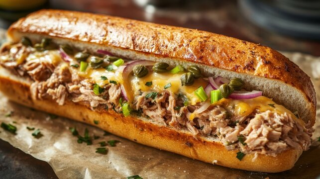 Delicious tuna melt sub with cheese, red onions, and capers on toasted bread