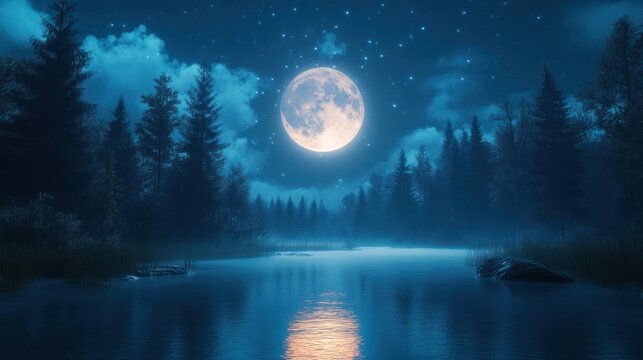 Serene moonlit night over a tranquil forest lake