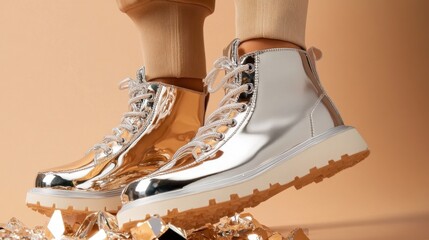 Shiny metallic boots on display with crystal accents and beige background