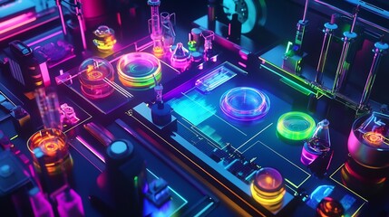 Fototapeta premium Top view of physics lab table with colorful lasers and holographic displays