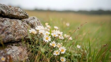 Obraz premium Daisies by stone wall, rural field background, nature scene