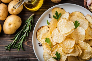 National Potato Chip Day.Fresh homemade potato chips with olive oil and rosemary on a rustic table.