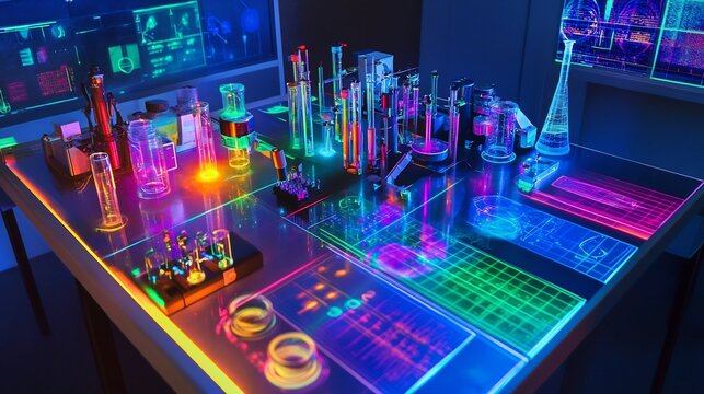 Top view of physics lab table with colorful lasers and holographic displays