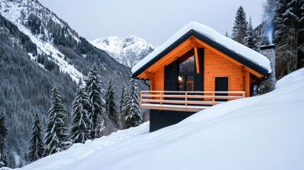 March Full Moon.Cozy cabin in snowy mountain landscape at night.