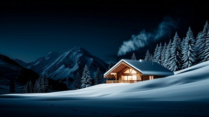March Full Moon.Cozy cabin in snowy mountain landscape at night.