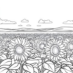 Simple Coloring Page Sunflower Field under a Clear Sky