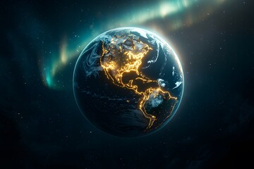 Fototapeta premium Illuminated Earth with North America and Southern Lights Display