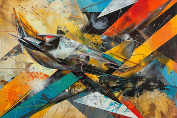 Capture the evolution of flight through abstract art with a side view perspective, blending aviation milestones in vivid colors and shapes Use acrylic or digital rendering techniques for a modern twis