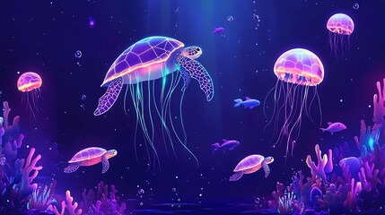 Bioluminescent Sea Turtles, Jellyfish, and Fish in a Deep Ocean