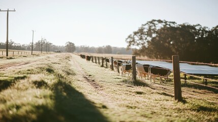 Sustainable dairy farm showcasing solar panels and cows grazing on fresh grass under warm natural lighting in a rural setting