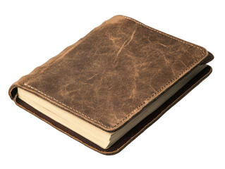 A closed vintage leather-bound journal or notebook with a distressed brown cover and visible stitching lies on a black background.