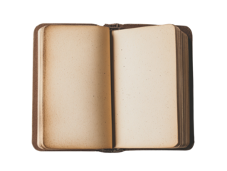 The image shows an overhead view of an aged leather-bound book opened to reveal its blank, creamy pages.
