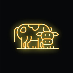 Yellow neon icon of a standing cow glowing in the dark