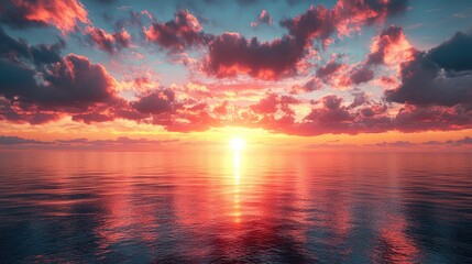 Obraz premium Vibrant Sunset Over Calm Ocean Waters Displaying Colorful Clouds