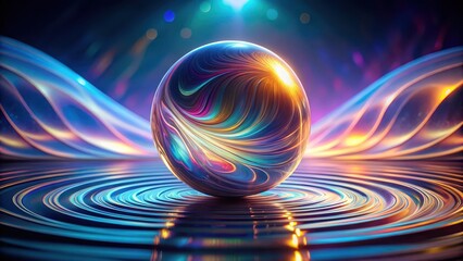 Abstract iridescent sphere on swirling liquid surface, vibrant colors and dynamic energy, futuristic design