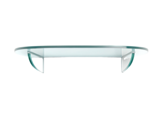 A sleek modern glass shelf with curved supports designed for wall mounting in a home or apartment.
