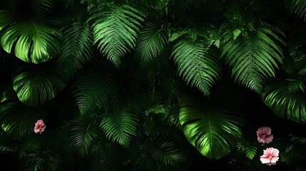 Lush Tropical Rainforest Background Green Leaves Pink Flowers