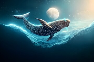 Digital Whale Swimming Under Moonlight in Futuristic Ocean Scene