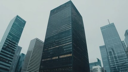 Fototapeta premium Majestic Skyscrapers Piercing the Cloudy Sky: A Low Angle View of Modern Architecture